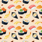 Pattern of various sushi types, including nigiri, maki, temaki, with wasabi and soy sauce dots on a beige background.