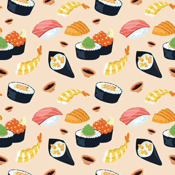 Pattern of various sushi types, including nigiri, maki, temaki, with wasabi and soy sauce dots on a beige background.
