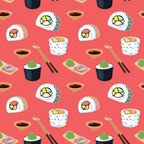 Pattern of sushi rolls, soy sauce bowls, wasabi, and chopsticks on a red background.