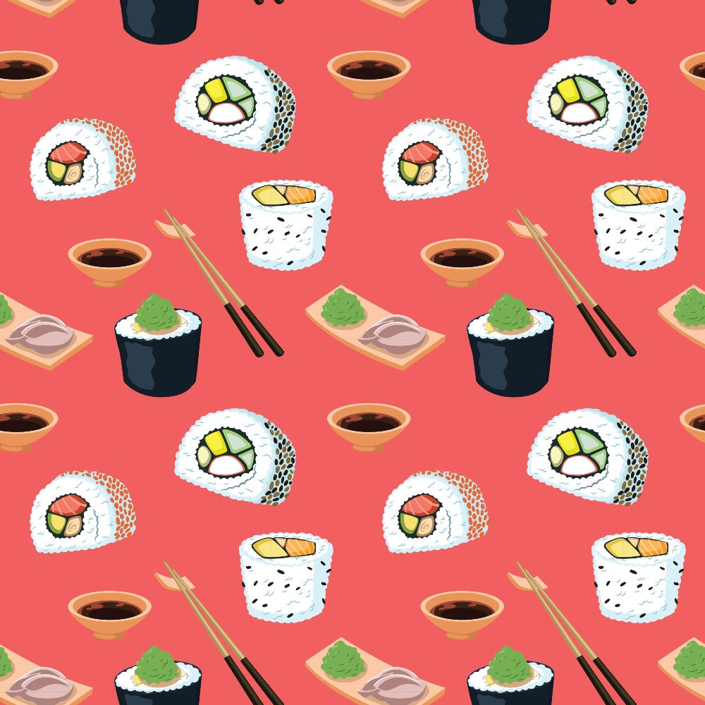 Pattern of sushi rolls, soy sauce bowls, wasabi, and chopsticks on a red background.