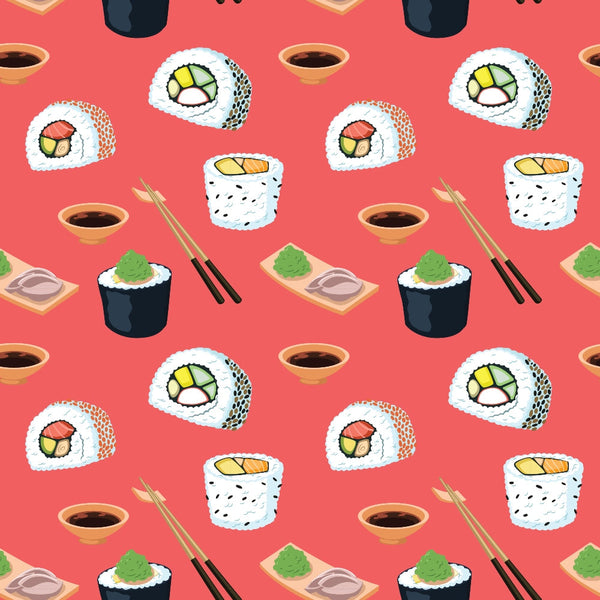 Pattern of sushi rolls, soy sauce bowls, wasabi, and chopsticks on a red background.