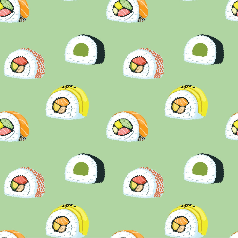 Pattern of various sushi rolls on a light green background, featuring different fillings like avocado, salmon, and cucumber.