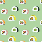 Pattern of various sushi rolls on a light green background, featuring different fillings like avocado, salmon, and cucumber.