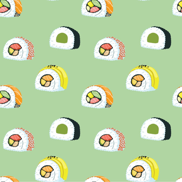 Pattern of various sushi rolls on a light green background, featuring different fillings like avocado, salmon, and cucumber.