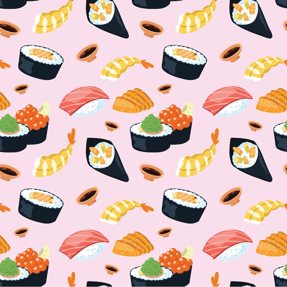 Illustrated pattern of various sushi types including rolls, nigiri, and sashimi on a light pink background.