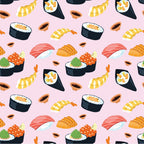 Illustrated pattern of various sushi types including rolls, nigiri, and sashimi on a light pink background.