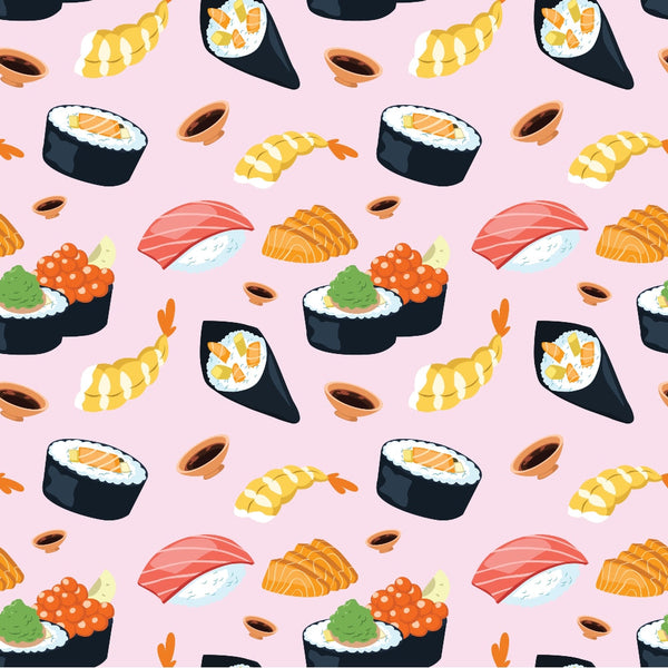Illustrated pattern of various sushi types including rolls, nigiri, and sashimi on a light pink background.