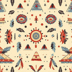 Geometric, tribal-inspired pattern with feathers, triangles, circles, and arrows in red, blue, and beige tones.