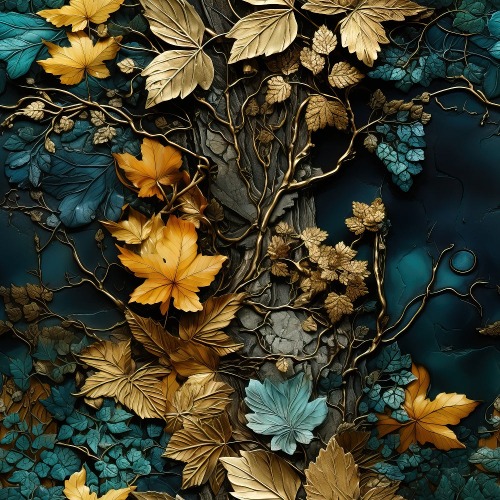 A textured artwork of a tree trunk entwined with vibrant gold and teal leaves with intricate details and a dark background.