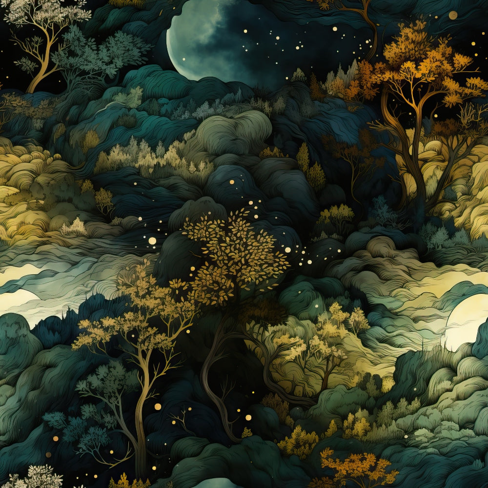 A dense, stylized forest scene under a night sky with a large full moon, featuring swirling, textured trees in shades of green, yellow, and gold, and small glowing lights scattered throughout.
