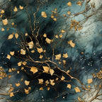 Golden leaves and branches on a dark green and blue abstract background, with small dots resembling stars.