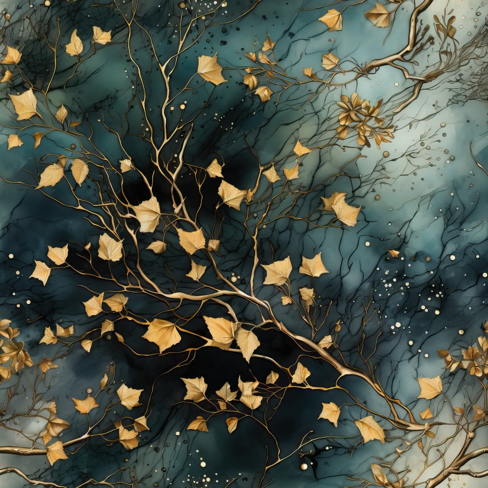 Golden leaves and branches on a dark green and blue abstract background, with small dots resembling stars.