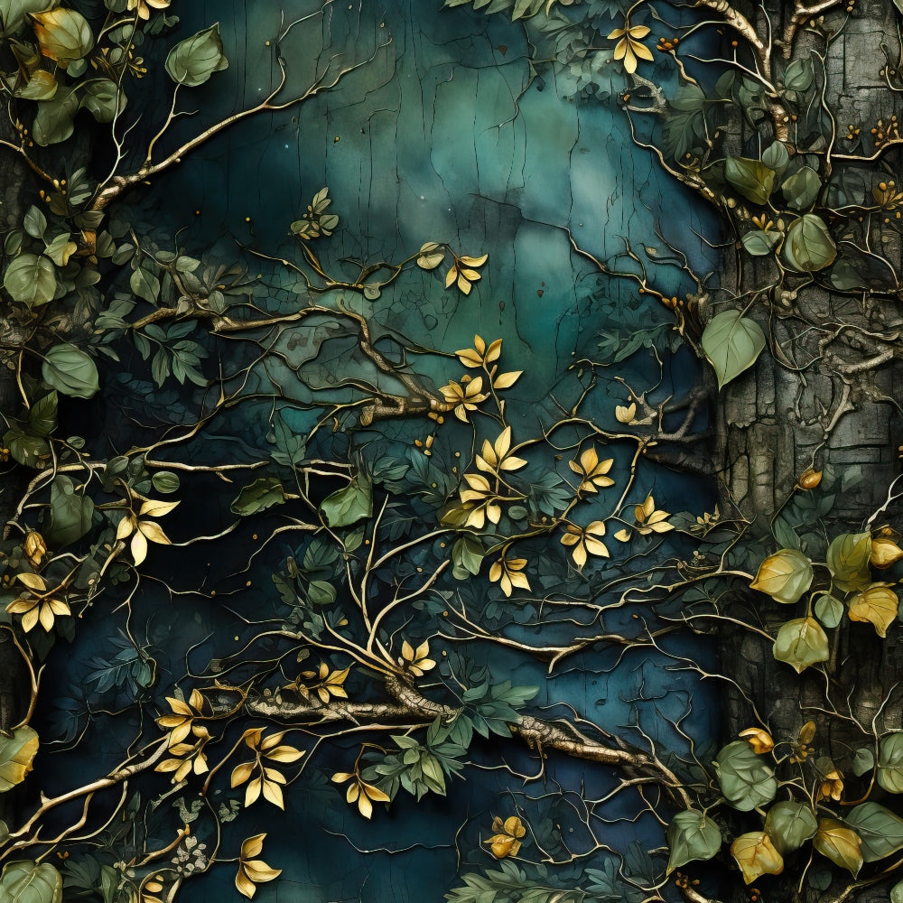 Intricate branches and yellow leaves against a textured teal and gray background.