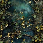 Intricate branches and yellow leaves against a textured teal and gray background.