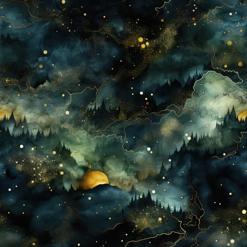 Abstract image of a celestial landscape with watercolor forest silhouettes, a rising sun, and scattered golden stars against a dark, moody sky.