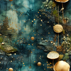 Abstract artwork featuring a mix of teal, green, and gold hues. Includes metallic circles, tree-like shapes, and textured elements creating a layered effect.