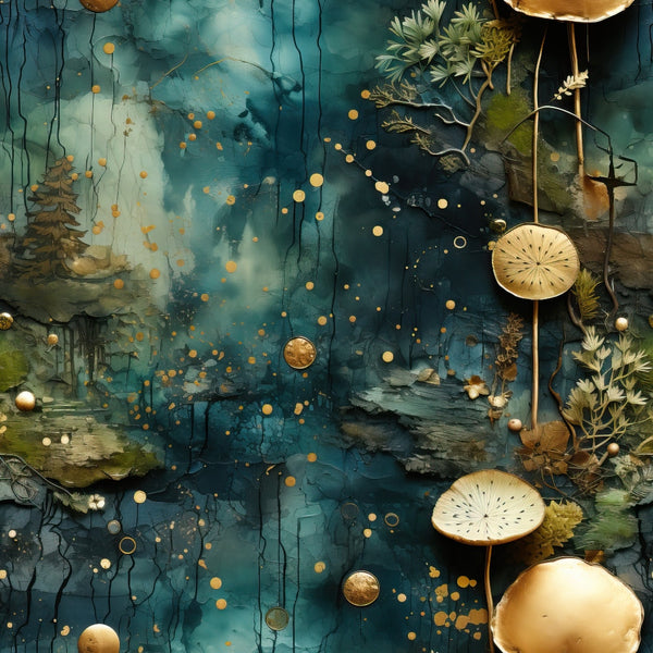 Abstract artwork featuring a mix of teal, green, and gold hues. Includes metallic circles, tree-like shapes, and textured elements creating a layered effect.