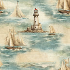 Illustration of a lighthouse surrounded by sailing ships on a textured, vintage-style ocean background.
