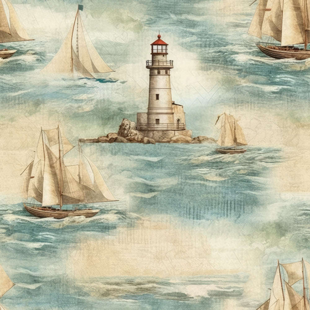 Illustration of a lighthouse surrounded by sailing ships on a textured, vintage-style ocean background.