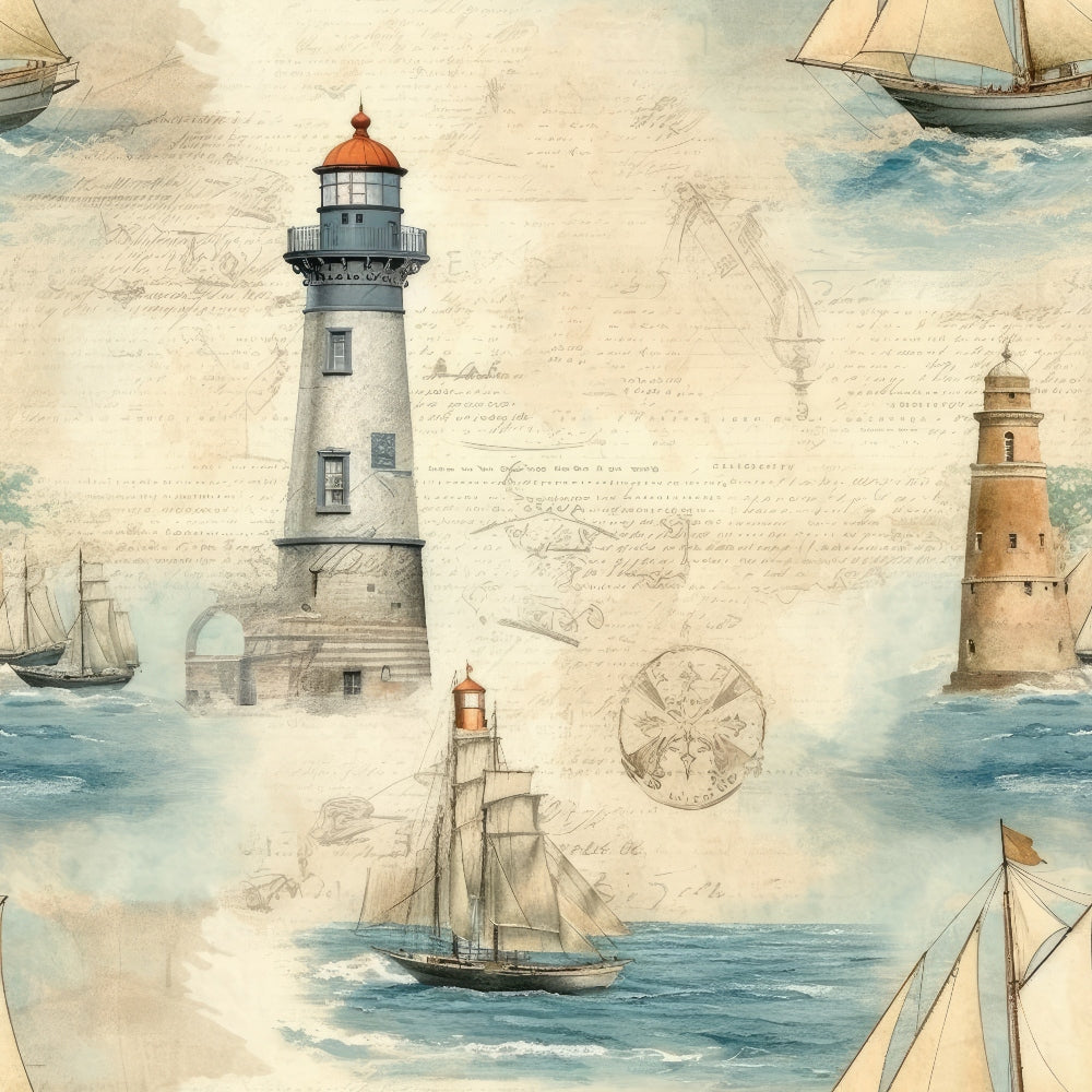Illustration of sailing ships and lighthouses with nautical designs and handwritten notes in the background.