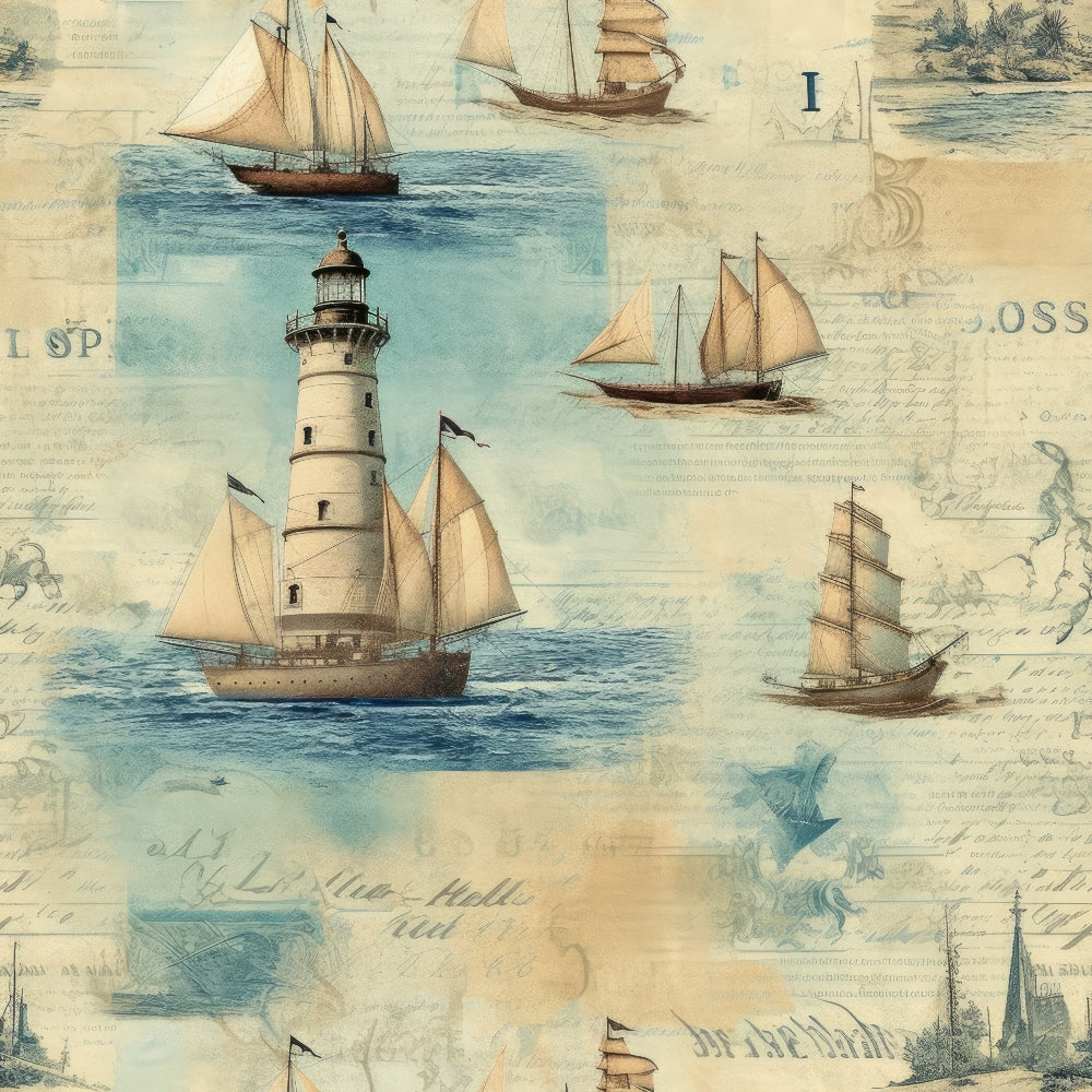 Vintage nautical collage with a lighthouse, sailing ships, script, and compass elements on a textured background.