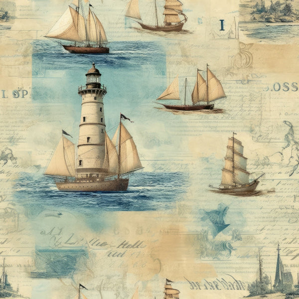 Vintage nautical collage with a lighthouse, sailing ships, script, and compass elements on a textured background.