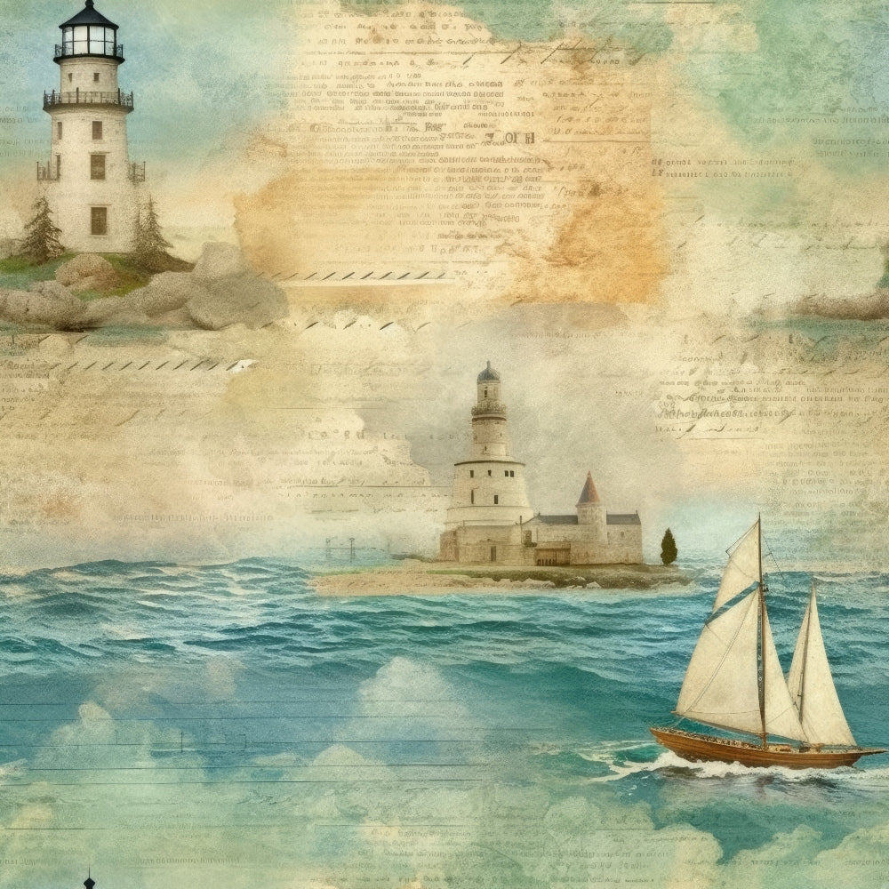 Artistic illustration of a sailboat on the ocean with two lighthouses; one on a rocky shore and another on an island, against a backdrop of old text and soft clouds.