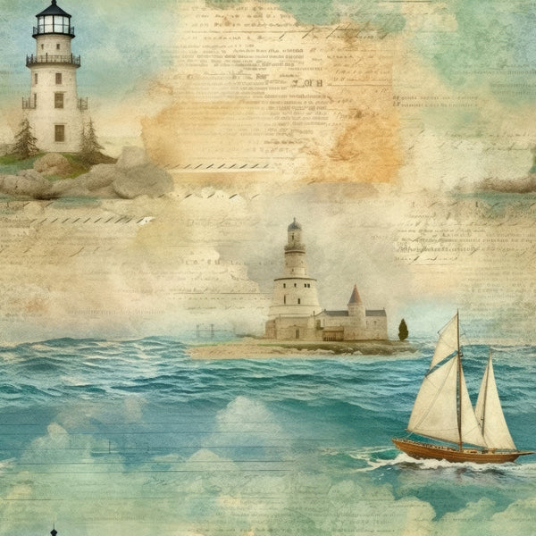 Artistic illustration of a sailboat on the ocean with two lighthouses; one on a rocky shore and another on an island, against a backdrop of old text and soft clouds.
