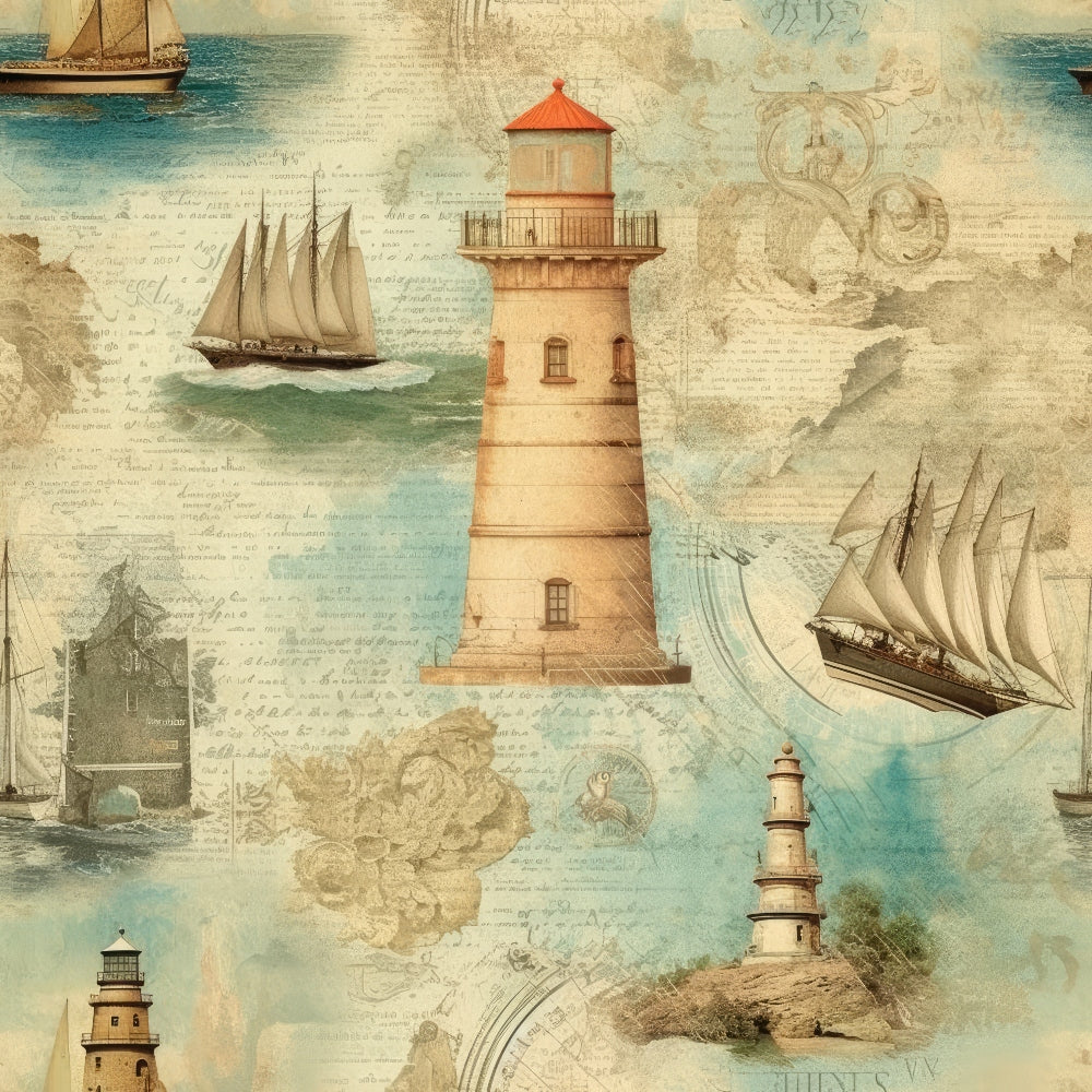 Vintage maritime illustration with lighthouses, sailing ships, and nautical charts on a textured background. The design features muted colors and an antique aesthetic.