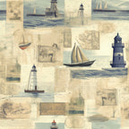 A collage of vintage nautical sketches featuring lighthouses, sailboats, and maritime maps on a textured background.
