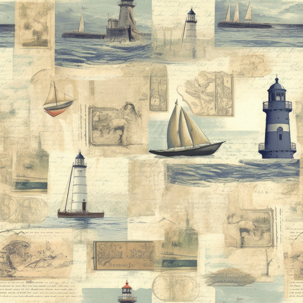 A collage of vintage nautical sketches featuring lighthouses, sailboats, and maritime maps on a textured background.