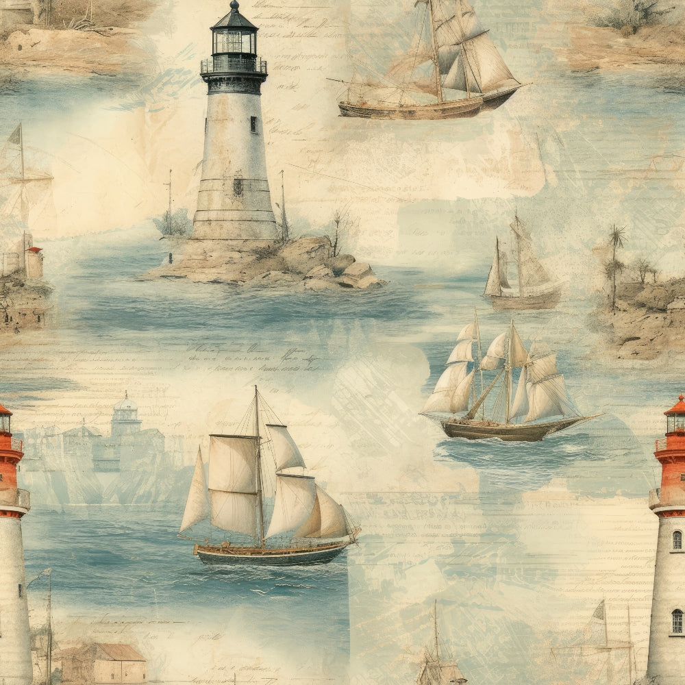 Vintage nautical illustration featuring lighthouses, sailboats, and coastal scenes in muted tones.