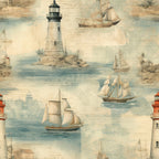 Vintage nautical illustration featuring lighthouses, sailboats, and coastal scenes in muted tones.