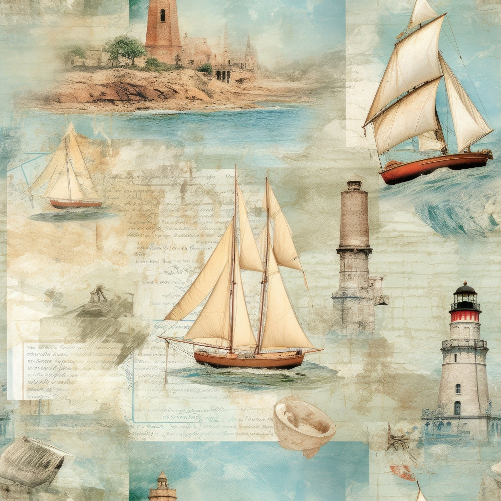 Illustration of sailboats, lighthouses, and coastal scenes on a vintage-style nautical map background.