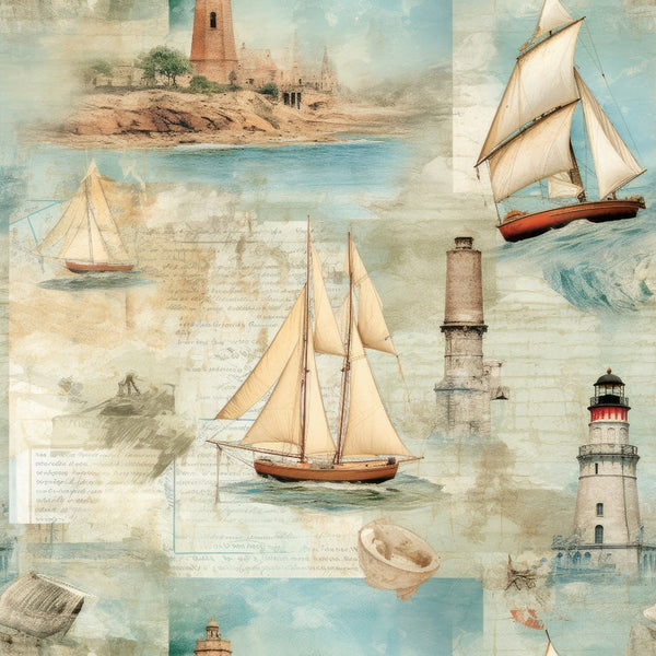 Illustration of sailboats, lighthouses, and coastal scenes on a vintage-style nautical map background.