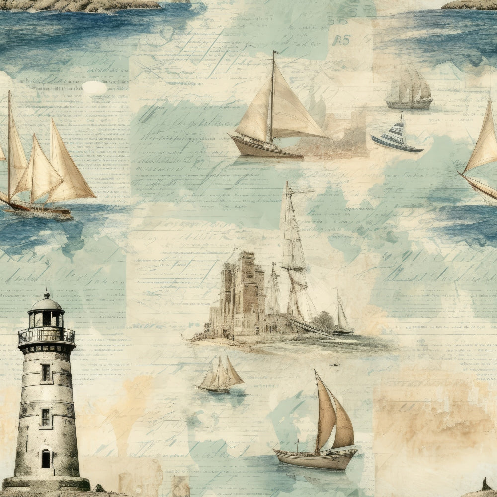 Vintage nautical collage featuring sailing ships, a lighthouse, and a coastal town on a textured background with faded script and watercolor elements.