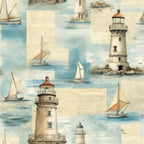Patterned illustration of various lighthouses and sailboats on a blue sea background, with handwritten notes and sketches interspersed.