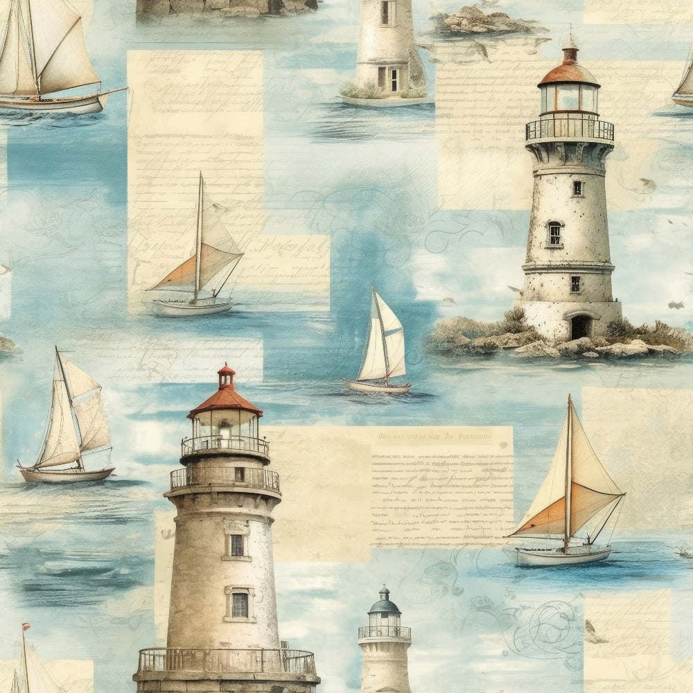Patterned illustration of various lighthouses and sailboats on a blue sea background, with handwritten notes and sketches interspersed.