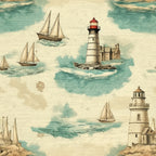 Vintage nautical illustration featuring multiple lighthouses and sailboats on a background of handwritten text and ocean waves.