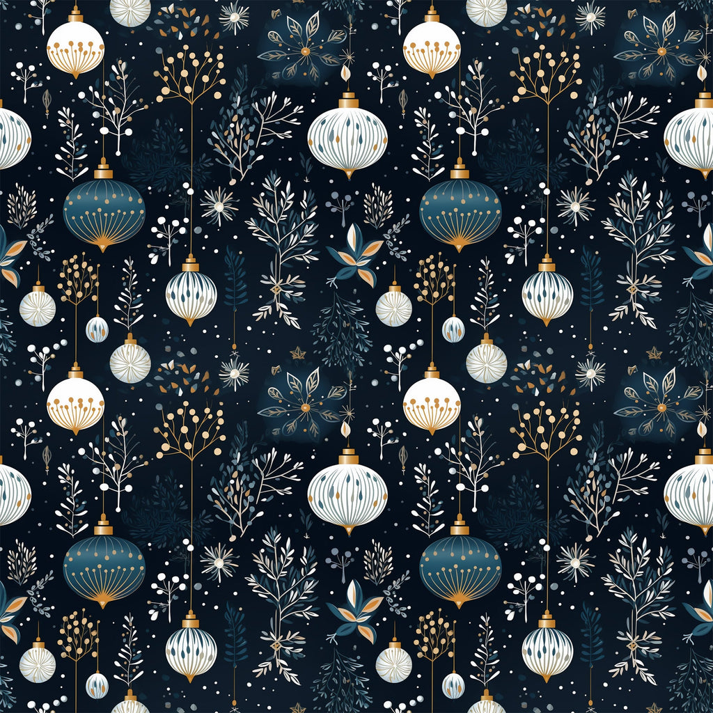 navy blue, cream white, gold accents, christmas ornaments, baubles, winter botanicals, snowflakes, berries, branches, festive pattern,, fabric panel, holiday design, elegant motifs, decorative elements, seamless repeat, winter foliage, ornament clusters, botanical sprigs, christmas fabric
