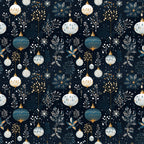 navy blue, cream white, gold accents, christmas ornaments, baubles, winter botanicals, snowflakes, berries, branches, festive pattern,, fabric panel, holiday design, elegant motifs, decorative elements, seamless repeat, winter foliage, ornament clusters, botanical sprigs, christmas fabric