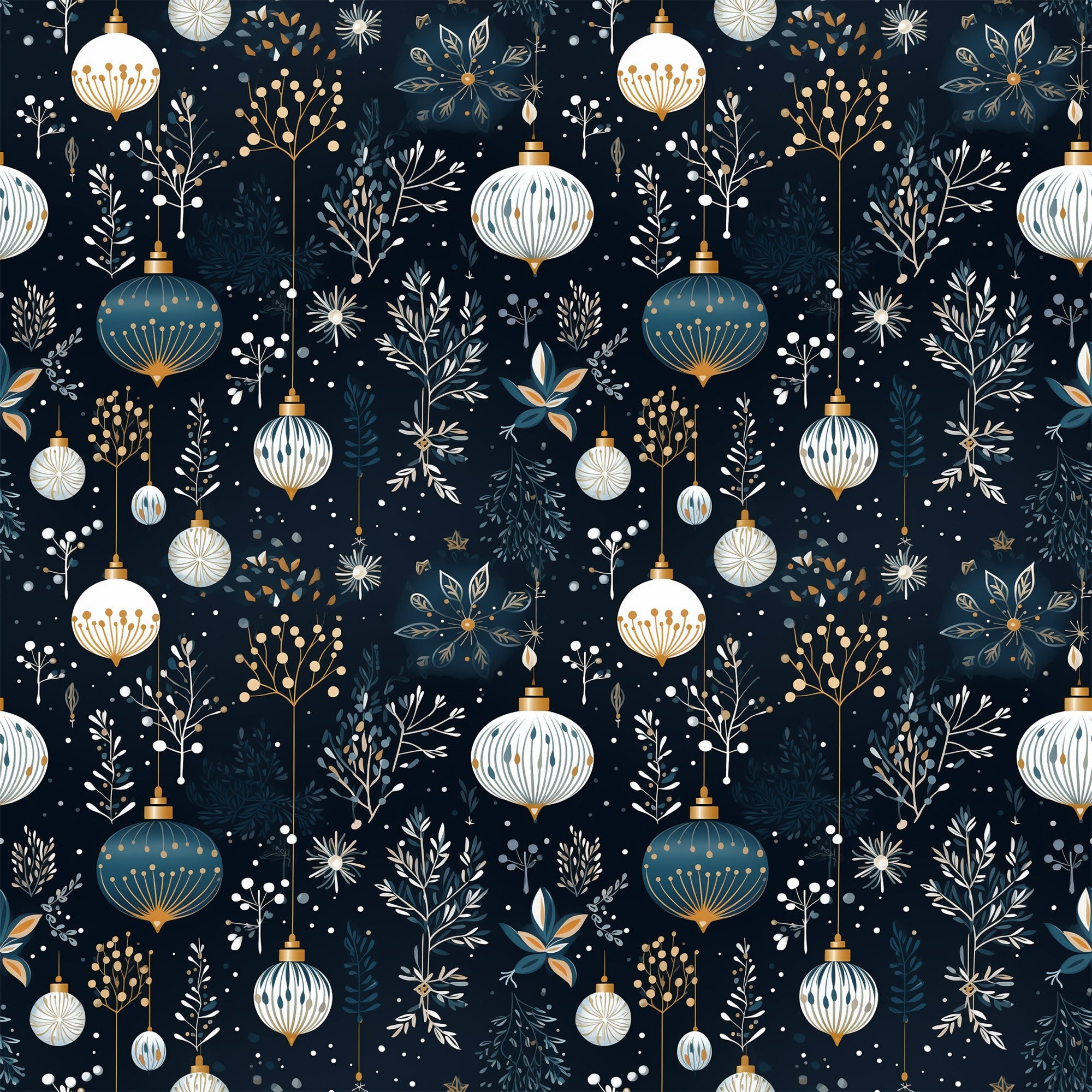 navy blue, cream white, gold accents, christmas ornaments, baubles, winter botanicals, snowflakes, berries, branches, festive pattern,, fabric panel, holiday design, elegant motifs, decorative elements, seamless repeat, winter foliage, ornament clusters, botanical sprigs, christmas fabric