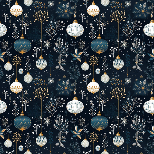 navy blue, cream white, gold accents, christmas ornaments, baubles, winter botanicals, snowflakes, berries, branches, festive pattern,, fabric panel, holiday design, elegant motifs, decorative elements, seamless repeat, winter foliage, ornament clusters, botanical sprigs, christmas fabric