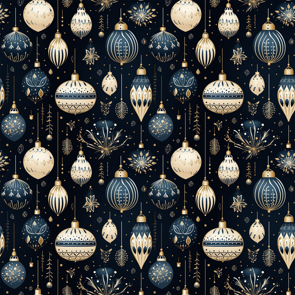 navy blue, cream, gold, christmas ornaments, baubles, snowflakes, geometric patterns, decorative motifs, stars, holiday design, winter theme, repeating pattern,, fabric panel, festive, elegant design, ornamental details, seasonal fabric, crafting material