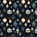 navy blue, cream, gold, christmas ornaments, baubles, snowflakes, geometric patterns, decorative motifs, stars, holiday design, winter theme, repeating pattern,, fabric panel, festive, elegant design, ornamental details, seasonal fabric, crafting material