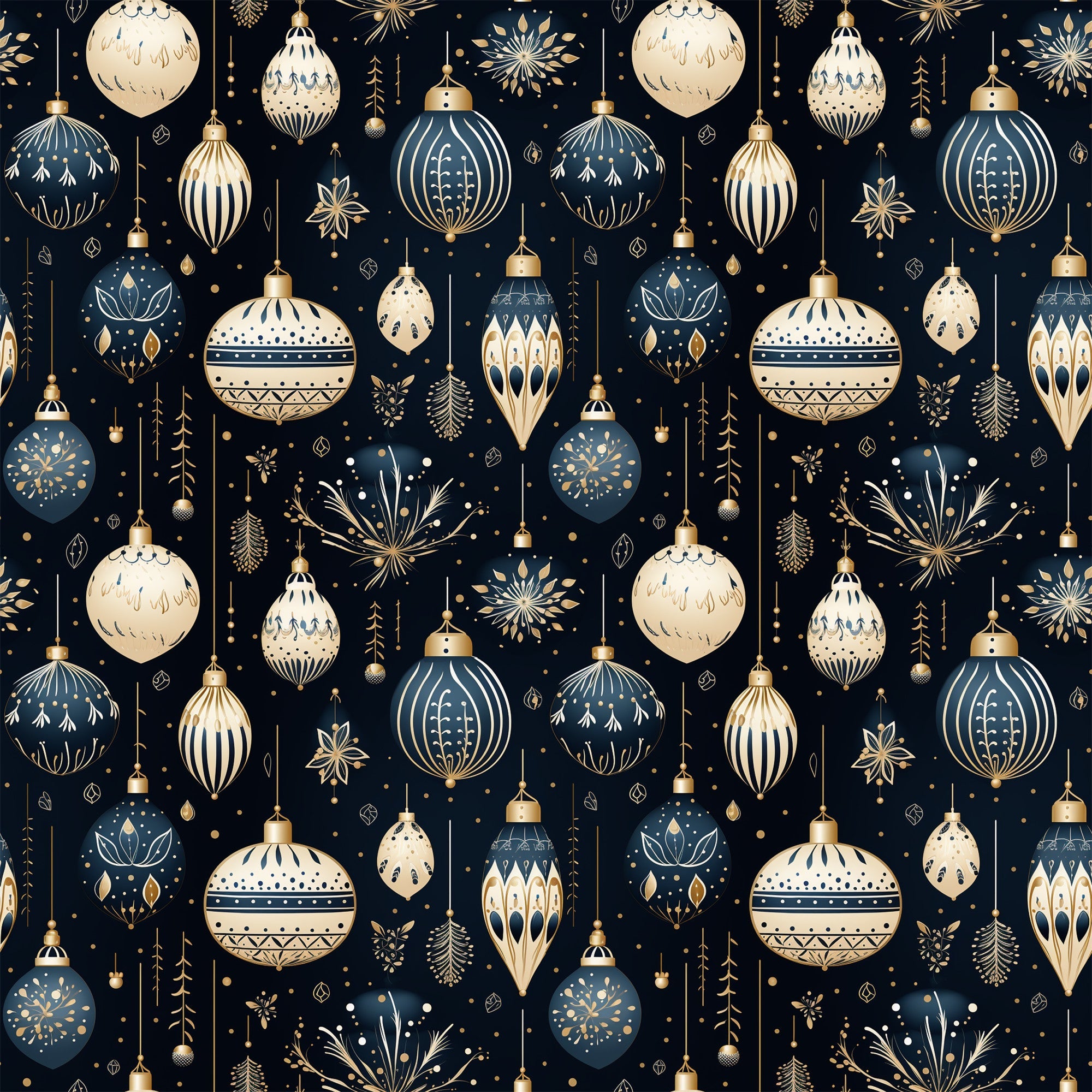 navy blue, cream, gold, christmas ornaments, baubles, snowflakes, geometric patterns, decorative motifs, stars, holiday design, winter theme, repeating pattern,, fabric panel, festive, elegant design, ornamental details, seasonal fabric, crafting material