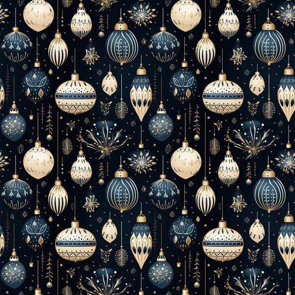 navy blue, cream, gold, christmas ornaments, baubles, snowflakes, geometric patterns, decorative motifs, stars, holiday design, winter theme, repeating pattern,, fabric panel, festive, elegant design, ornamental details, seasonal fabric, crafting material