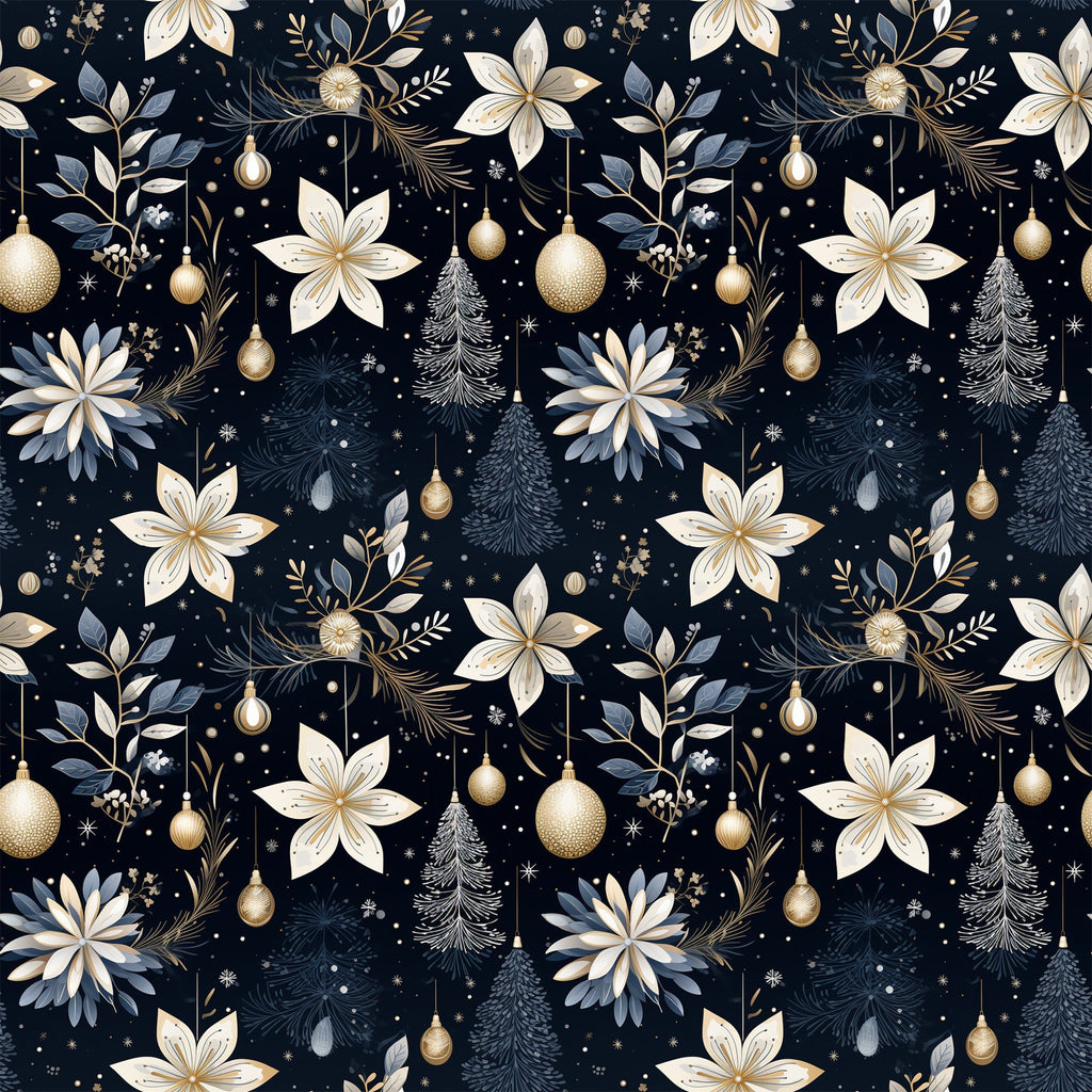 navy blue, cream, gold accents, christmas ornaments, poinsettia flowers, pine trees, evergreen branches, snowflakes, floral motifs, botanical elements, repeating pattern, seamless design,, fabric panel, holiday theme, winter decor, elegant style, sophisticated palette, christmas fabric, festive pattern