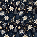 navy blue, cream, gold accents, christmas ornaments, poinsettia flowers, pine trees, evergreen branches, snowflakes, floral motifs, botanical elements, repeating pattern, seamless design,, fabric panel, holiday theme, winter decor, elegant style, sophisticated palette, christmas fabric, festive pattern