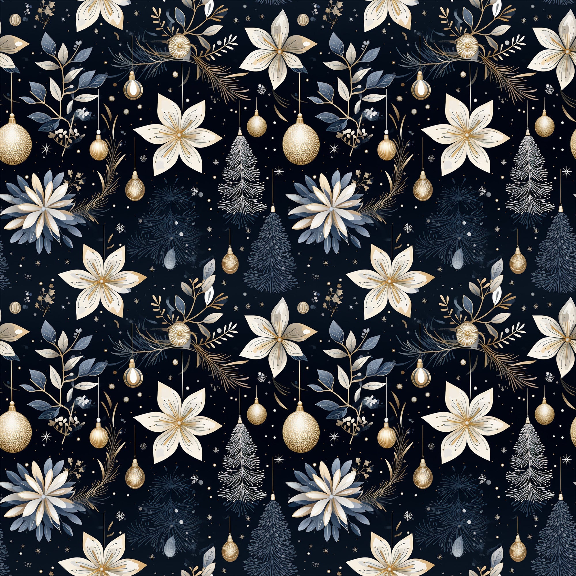 navy blue, cream, gold accents, christmas ornaments, poinsettia flowers, pine trees, evergreen branches, snowflakes, floral motifs, botanical elements, repeating pattern, seamless design,, fabric panel, holiday theme, winter decor, elegant style, sophisticated palette, christmas fabric, festive pattern